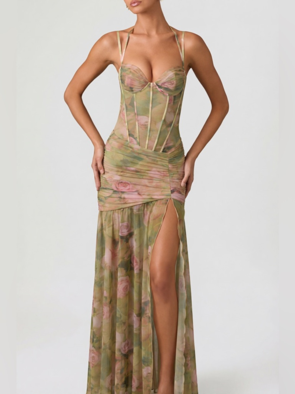 Oh Polly Haruna Ruched Asymmetric Corset Gown in Floral Multi Print - Picture 3 of 8